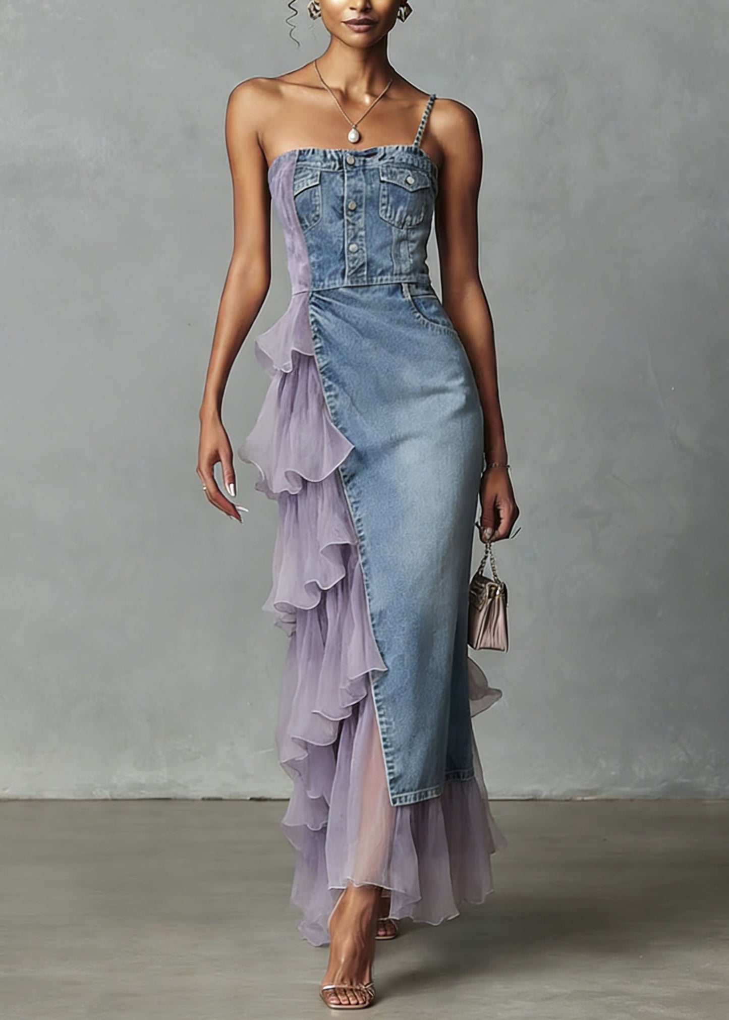 Unique Blue Tulle Ruffled Patchwork Denim Spaghetti Strap Dress Summer