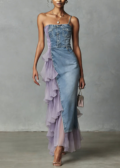 Unique Blue Tulle Ruffled Patchwork Denim Spaghetti Strap Dress Summer