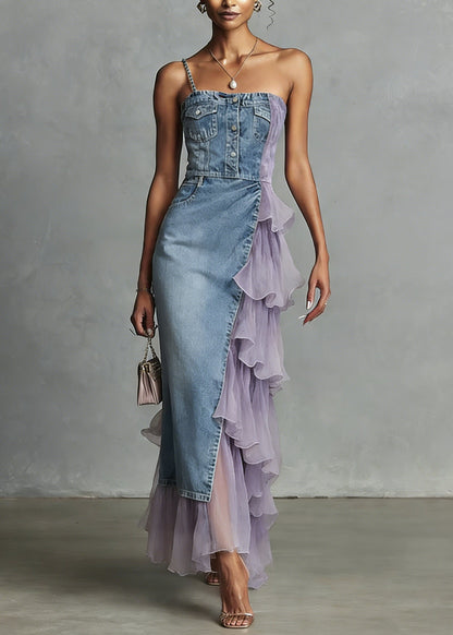 Unique Blue Tulle Ruffled Patchwork Denim Spaghetti Strap Dress Summer