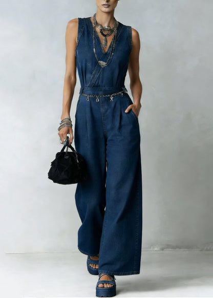 Unique Blue V Neck High Waist Denim Jumpsuit Sleeveless