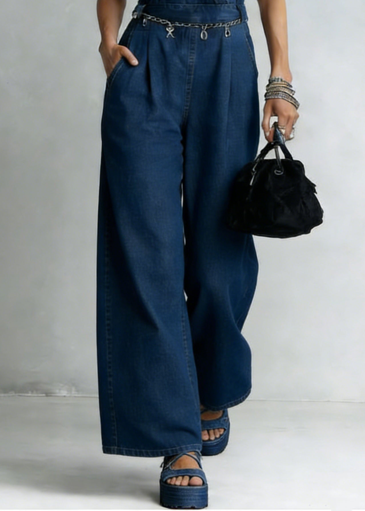 Unique Blue V Neck High Waist Denim Jumpsuit Sleeveless