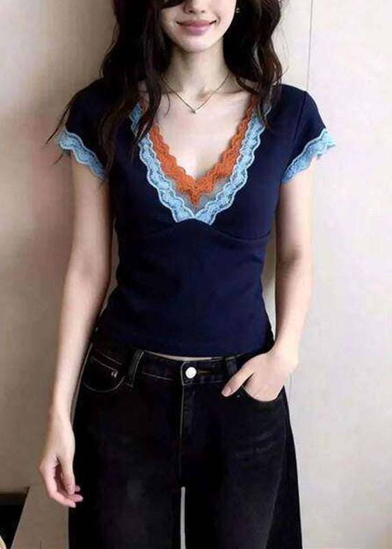 Unique Blue V Neck Patchwork T Shirt Summer