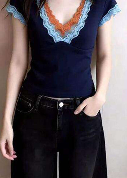 Unique Blue V Neck Patchwork T Shirt Summer