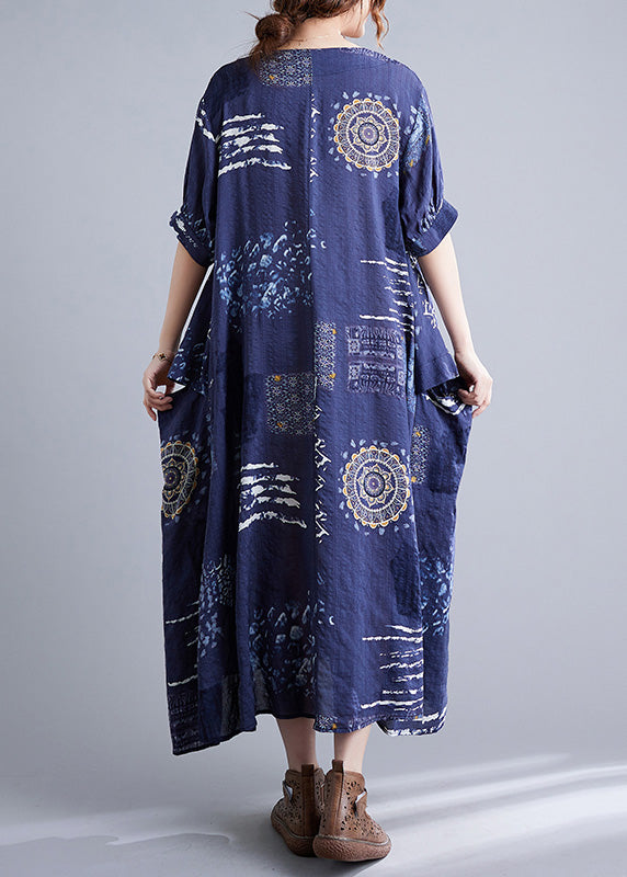 Unique Blue V Neck Print Maxi Dresses Short Sleeve