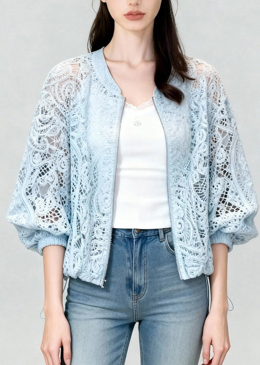 Unique Blue Zip Up Lace UPF 50+ Coat Jacket Summer