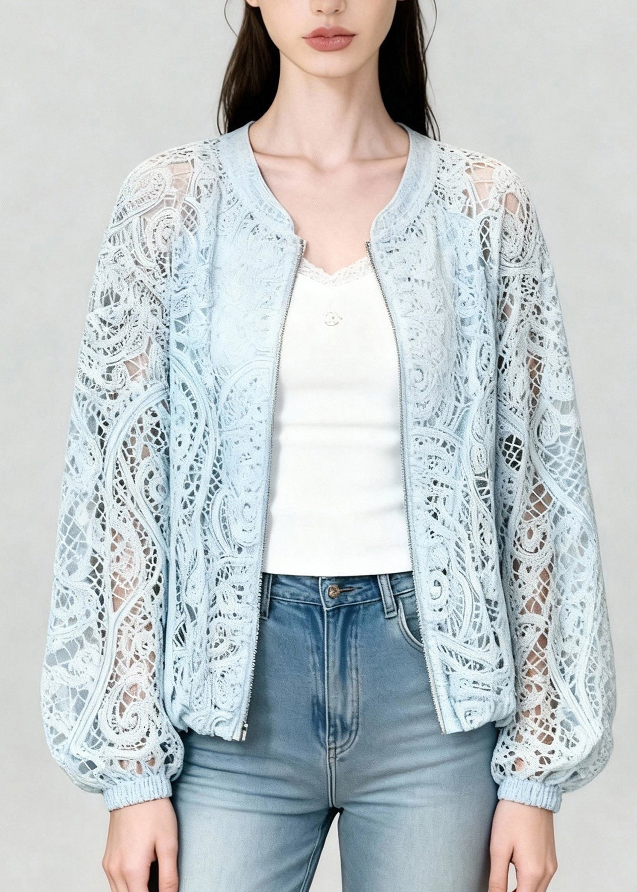 Unique Blue Zip Up Lace UPF 50+ Coat Jacket Summer