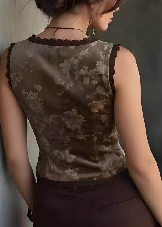 Unique Brown Embroideried Lace Patchwork Velour Vest Sleeveless