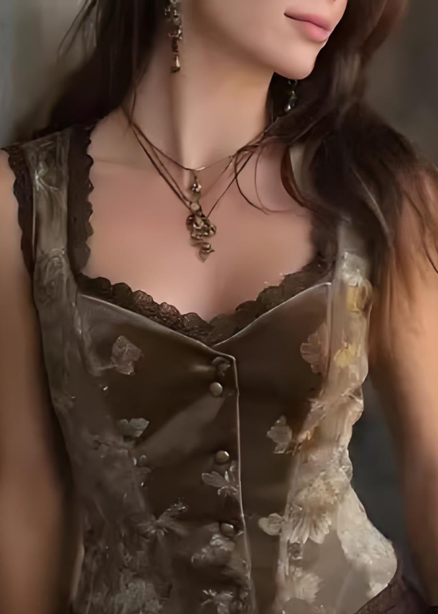 Unique Brown Embroideried Lace Patchwork Velour Vest Sleeveless