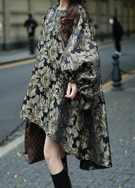 Unique Brown O-Neck Print Low High Design Vacation Long Dresses Fall