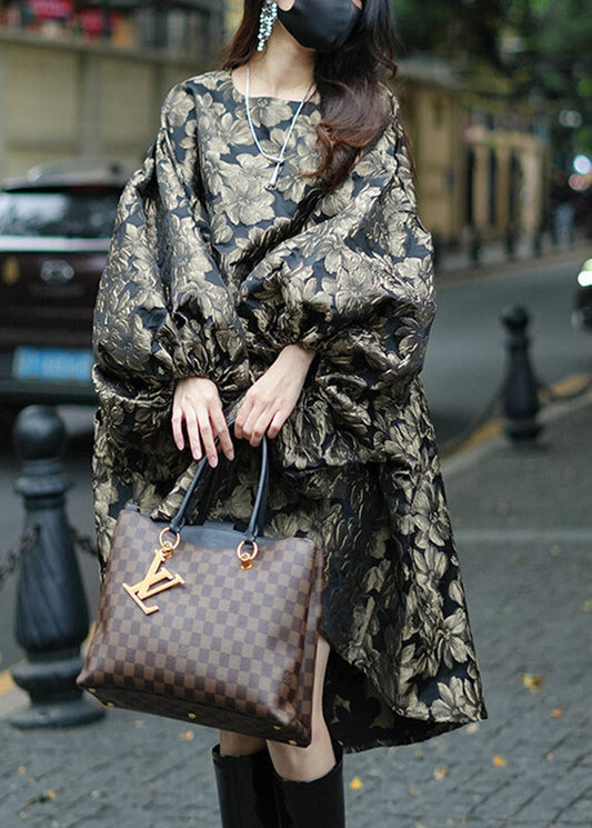 Unique Brown O-Neck Print Low High Design Vacation Long Dresses Fall