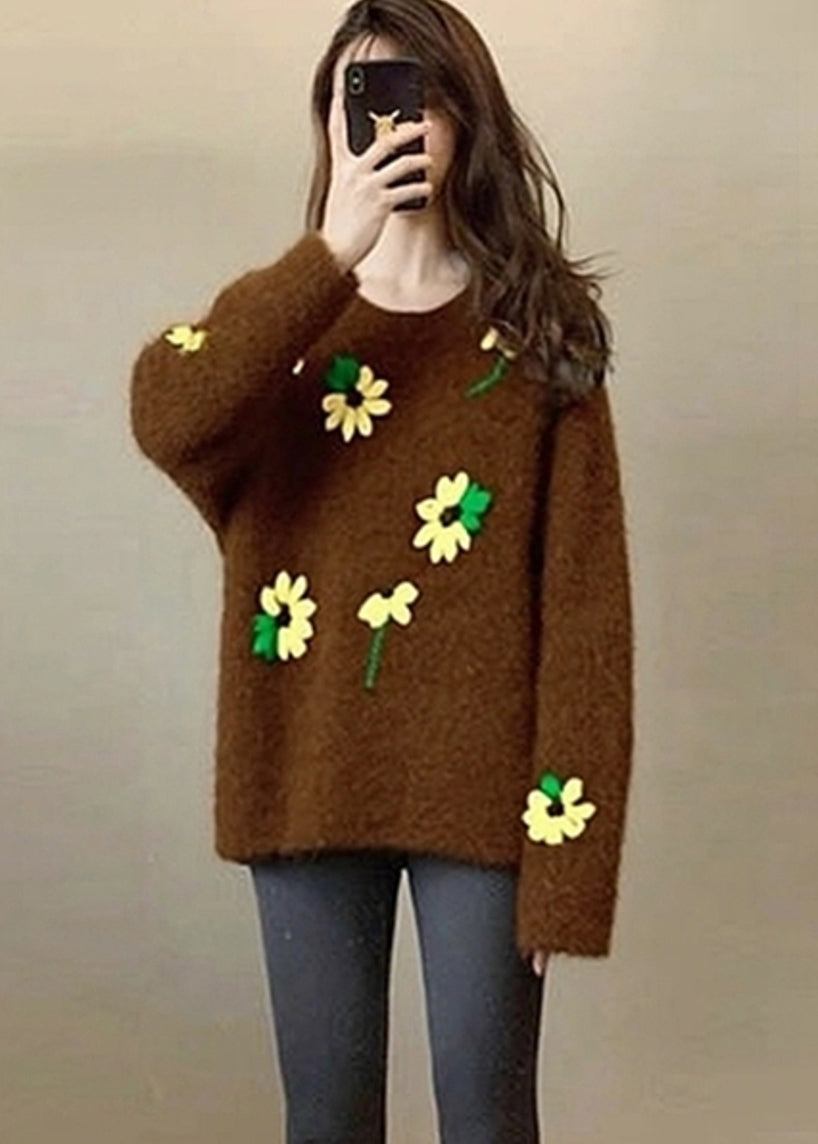 Unique Brown Oversized Floral Lace Knit Sweater Tops Winter