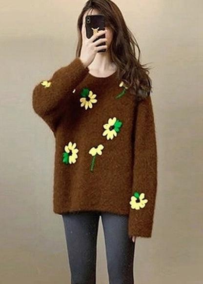 Unique Brown Oversized Floral Lace Knit Sweater Tops Winter