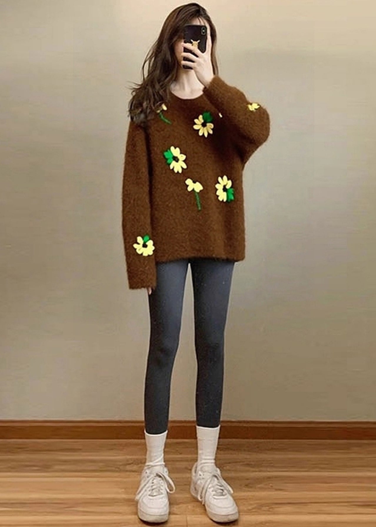 Unique Brown Oversized Floral Lace Knit Sweater Tops Winter