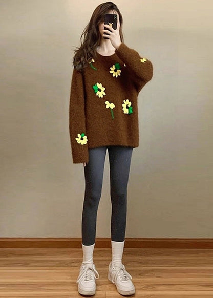 Unique Brown Oversized Floral Lace Knit Sweater Tops Winter