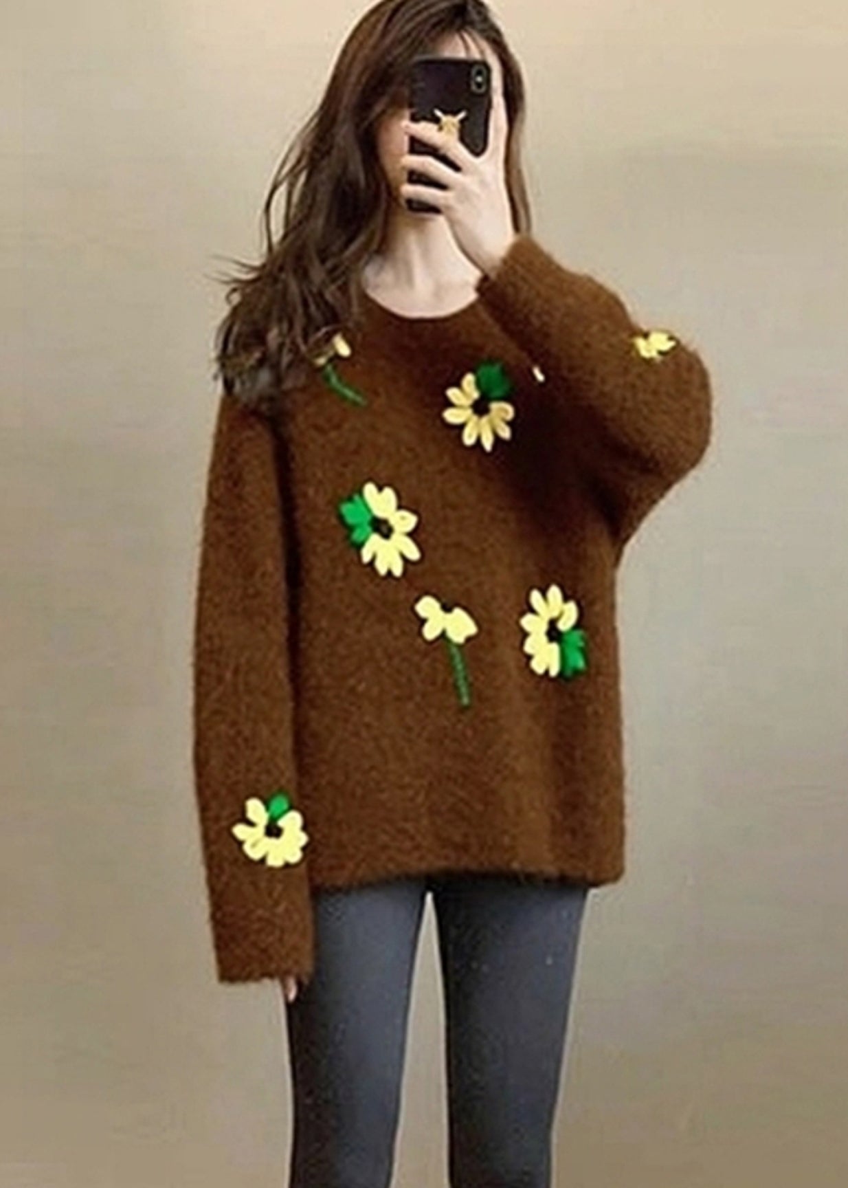 Unique Brown Oversized Floral Lace Knit Sweater Tops Winter