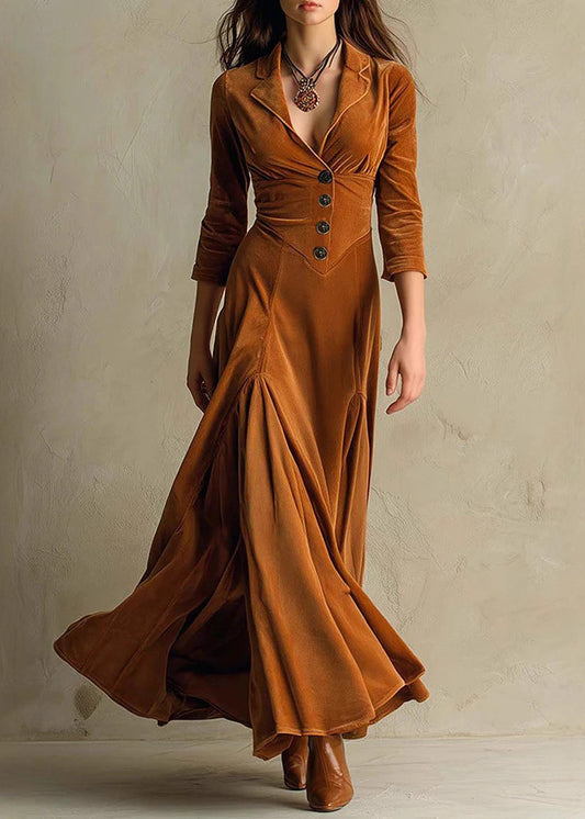 Unique Brown Peter Pan Collar Velvet Long Dresses Bracelet Sleeve