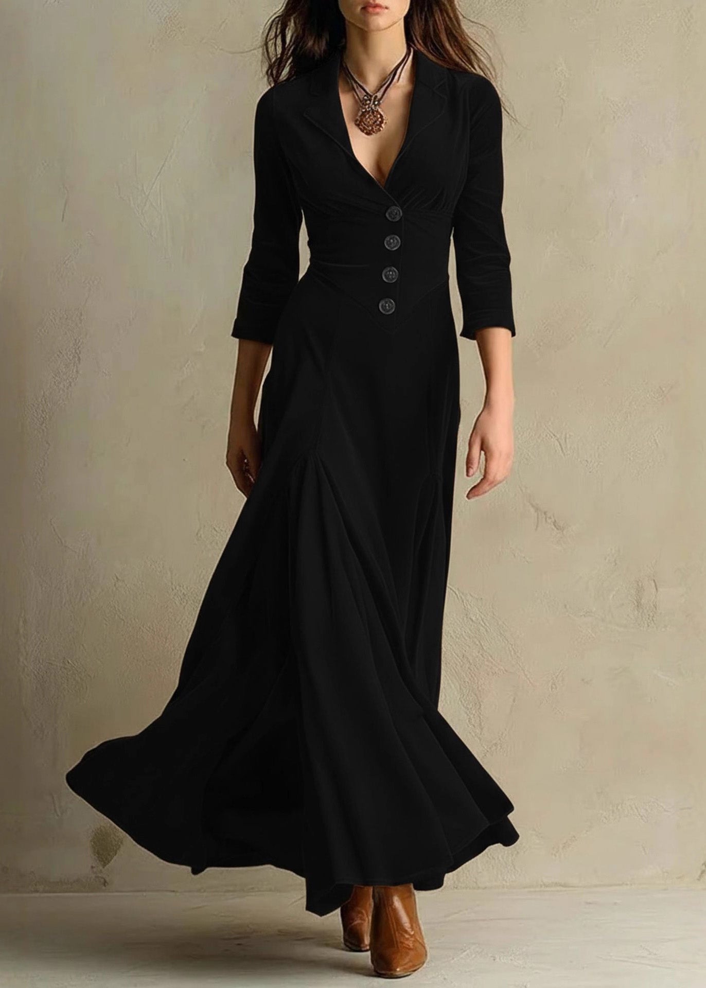 Unique Brown Peter Pan Collar Velvet Long Dresses Bracelet Sleeve