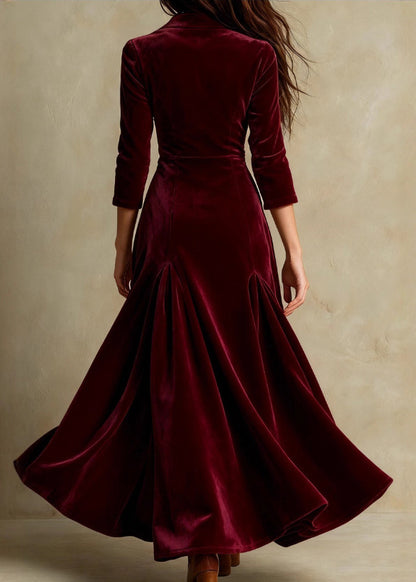 Unique Brown Peter Pan Collar Velvet Long Dresses Bracelet Sleeve