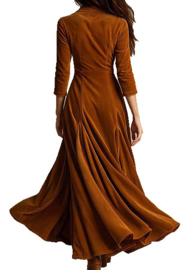 Unique Brown Peter Pan Collar Velvet Long Dresses Bracelet Sleeve