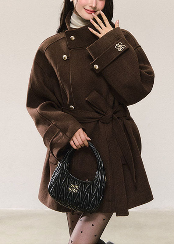 Unique Brown Tie Waist Pockets Woolen Coats Long Sleeve