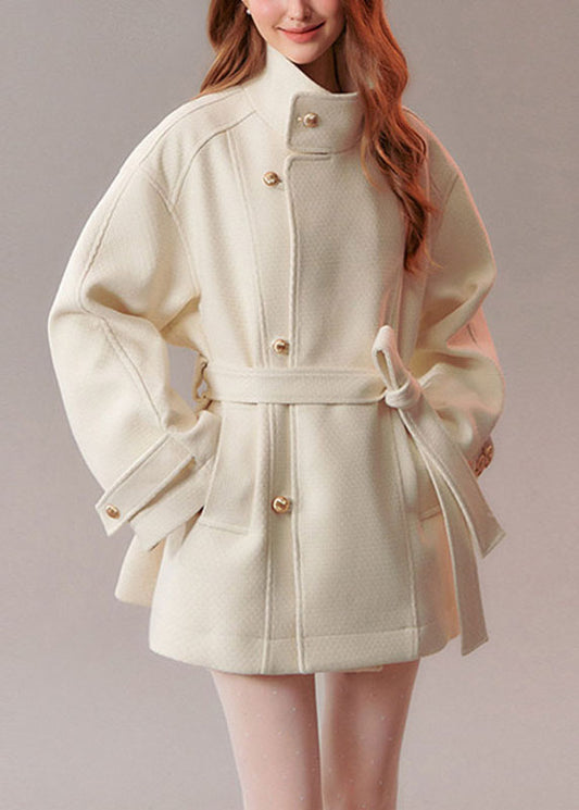 Unique Brown Tie Waist Pockets Woolen Coats Long Sleeve
