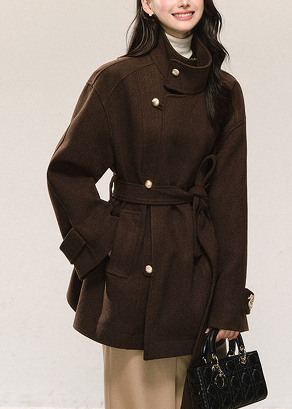 Unique Brown Tie Waist Pockets Woolen Coats Long Sleeve