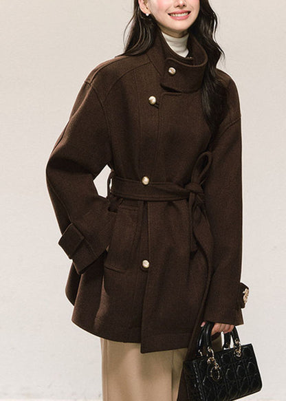 Unique Brown Tie Waist Pockets Woolen Coats Long Sleeve