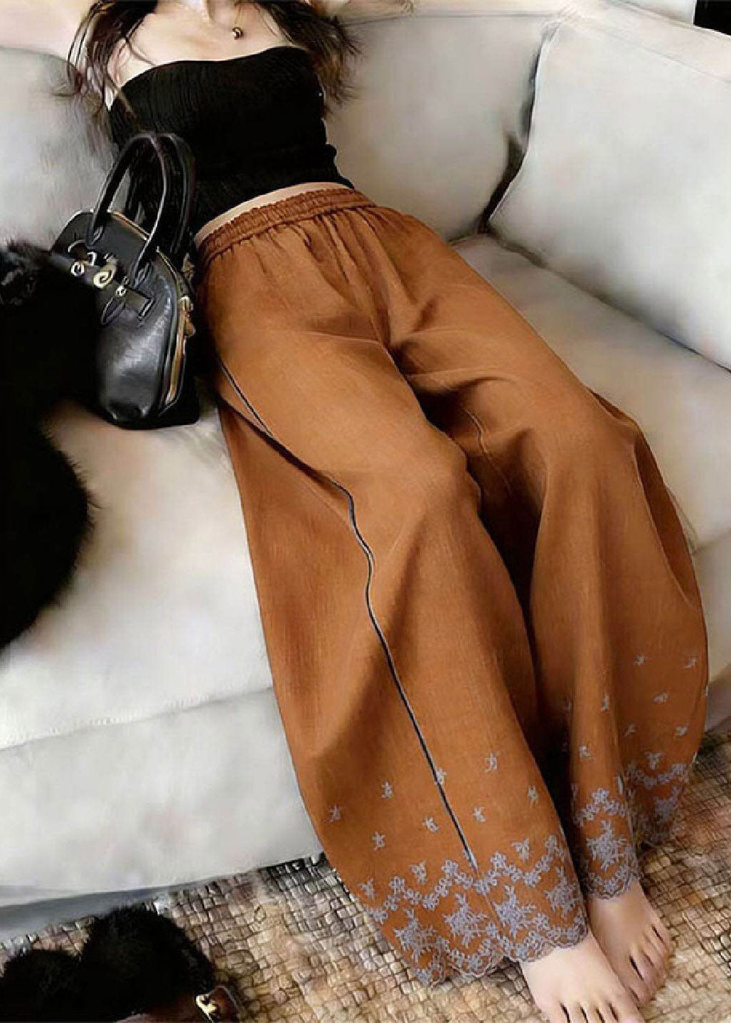 Unique Caramel Print Patchwork Elastic Waist Wide Leg Pants