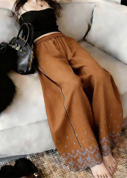 Unique Caramel Print Patchwork Elastic Waist Wide Leg Pants