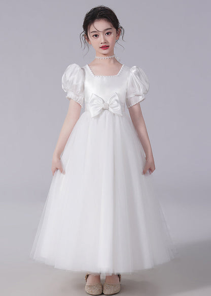 Unique Champagne Bow Nail bead Tulle Girls Long Dresses Short Sleeve