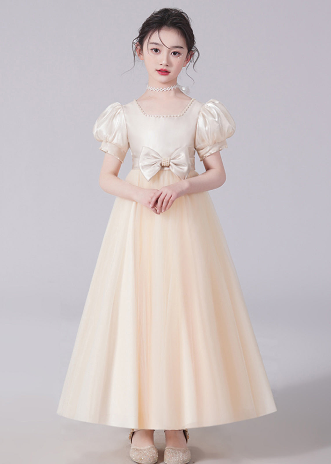 Unique Champagne Bow Nail bead Tulle Girls Long Dresses Short Sleeve