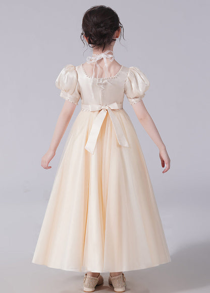 Unique Champagne Bow Nail bead Tulle Girls Long Dresses Short Sleeve