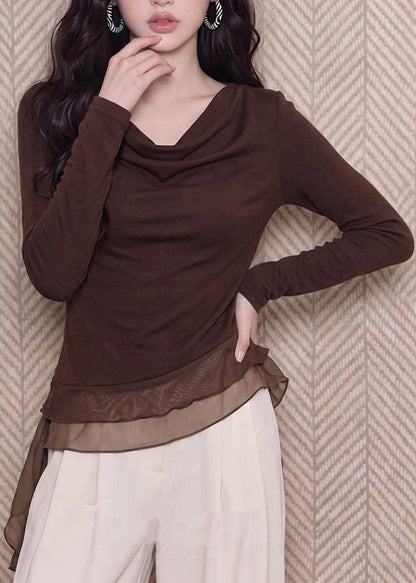 Unique Coffee Asymmetrical Tops Tulle Patchwork Long Sleeve
