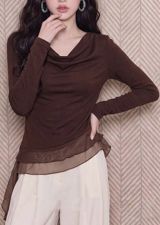 Unique Coffee Asymmetrical Tops Tulle Patchwork Long Sleeve