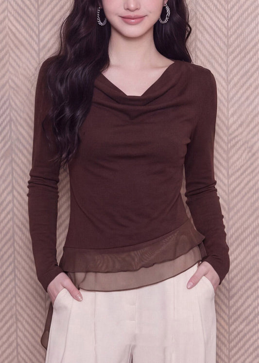 Unique Coffee Asymmetrical Tops Tulle Patchwork Long Sleeve