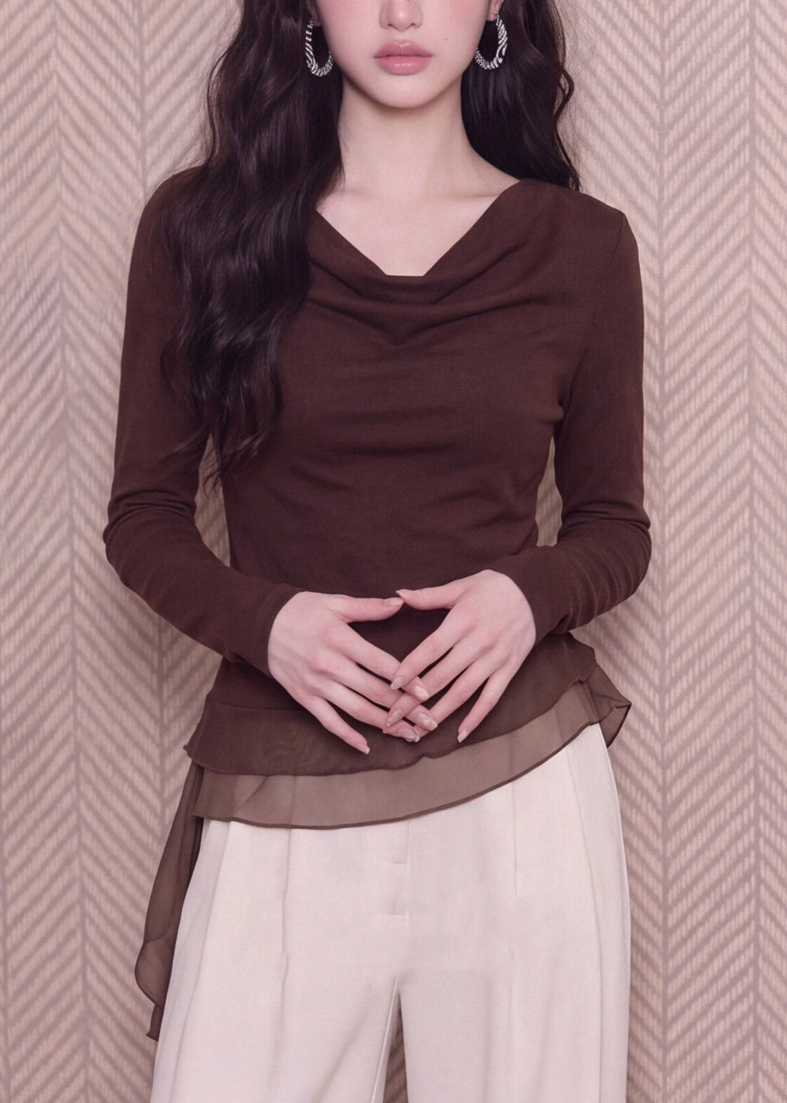 Unique Coffee Asymmetrical Tops Tulle Patchwork Long Sleeve