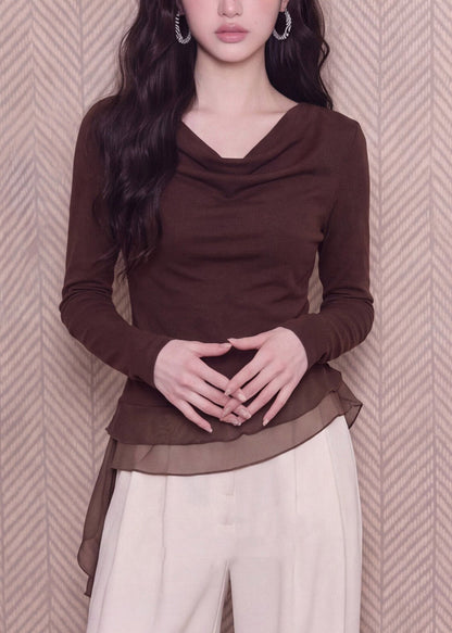 Unique Coffee Asymmetrical Tops Tulle Patchwork Long Sleeve