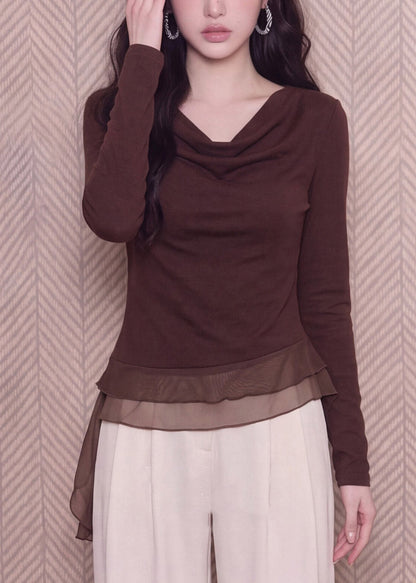 Unique Coffee Asymmetrical Tops Tulle Patchwork Long Sleeve