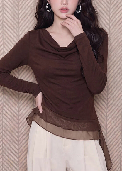 Unique Coffee Asymmetrical Tops Tulle Patchwork Long Sleeve
