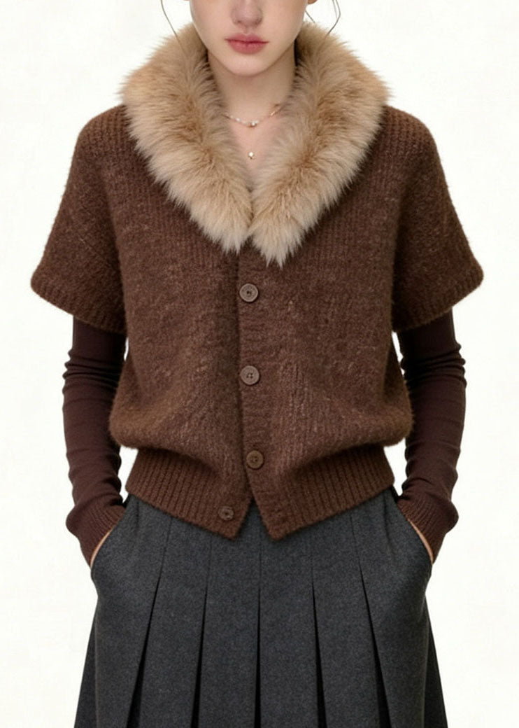 Unique Coffee Fur Collar Patchwork Cotton Knit Coats Fall