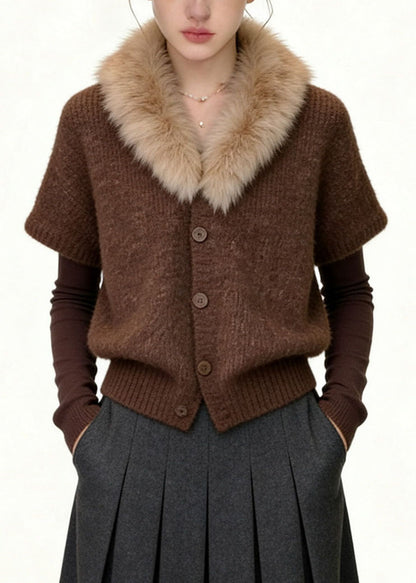 Unique Coffee Fur Collar Patchwork Cotton Knit Coats Fall