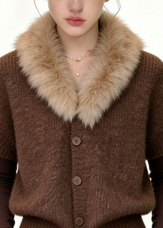 Unique Coffee Fur Collar Patchwork Cotton Knit Coats Fall
