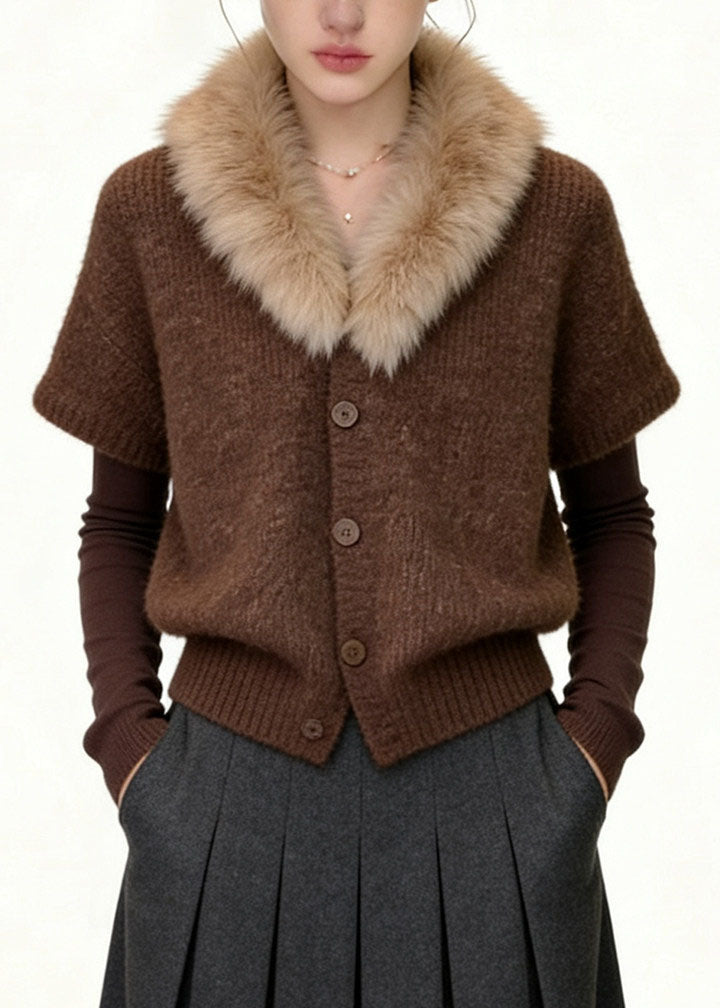 Unique Coffee Fur Collar Patchwork Cotton Knit Coats Fall