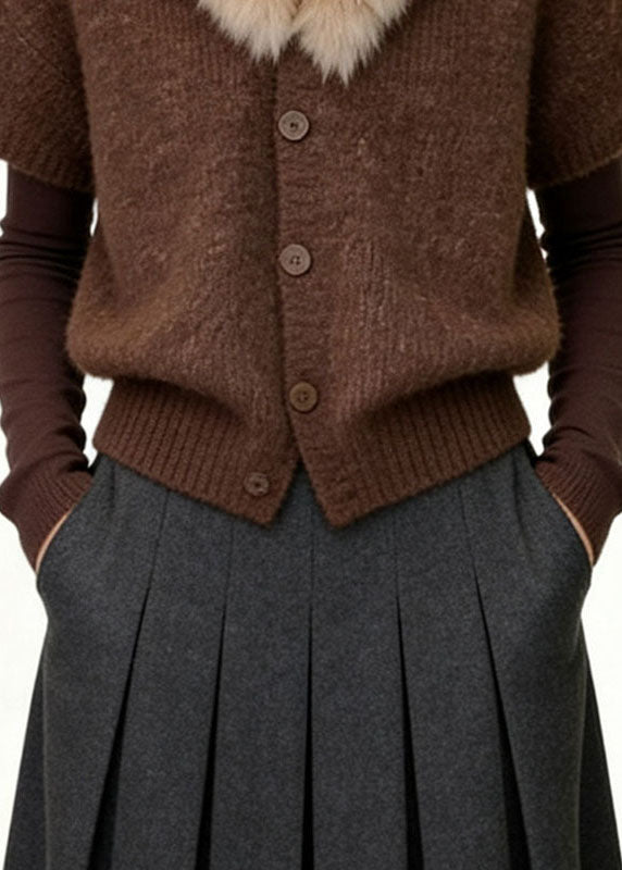 Unique Coffee Fur Collar Patchwork Cotton Knit Coats Fall