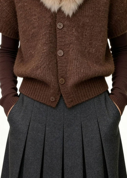 Unique Coffee Fur Collar Patchwork Cotton Knit Coats Fall