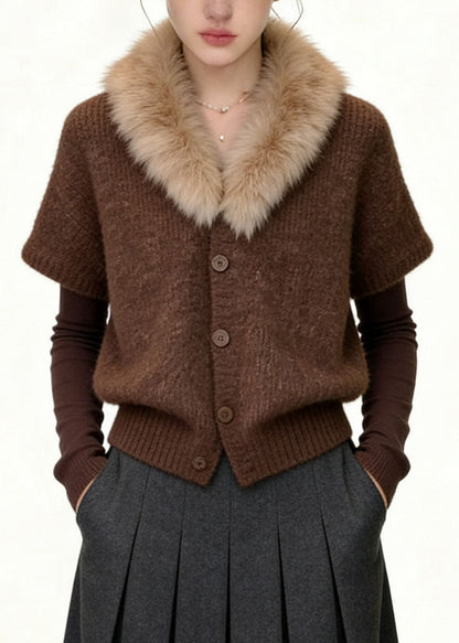 Unique Coffee Fur Collar Patchwork Cotton Knit Coats Fall