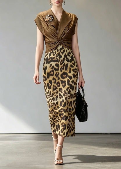 Unique Coffee Leopard Patchwork False Two Pieces Dress Summer