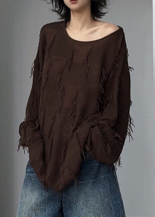 Unique Coffee O-Neck Asymmetrical Tassel Patchwork Cotton Knit Sweater Tops Winter