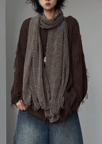 Unique Coffee O-Neck Asymmetrical Tassel Patchwork Cotton Knit Sweater Tops Winter