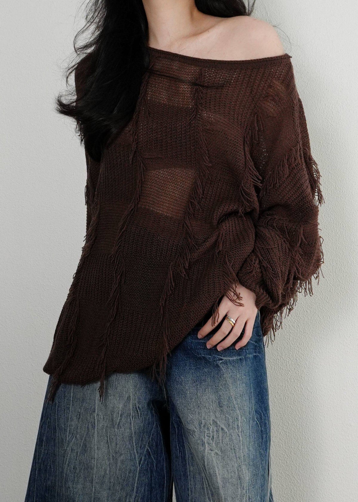 Unique Coffee O-Neck Asymmetrical Tassel Patchwork Cotton Knit Sweater Tops Winter